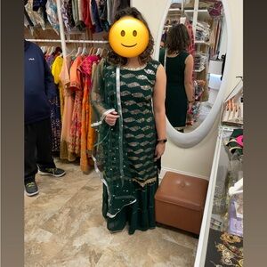 Indian wedding guest - Green and Gold sharara suit.